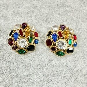 Vintage1980's Multicolor Glass Rhinestones Clip On Gold Tone Statement Earrings